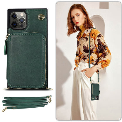 Funda tipo cartera con cremallera y correa cruzada ajustable para iPhone