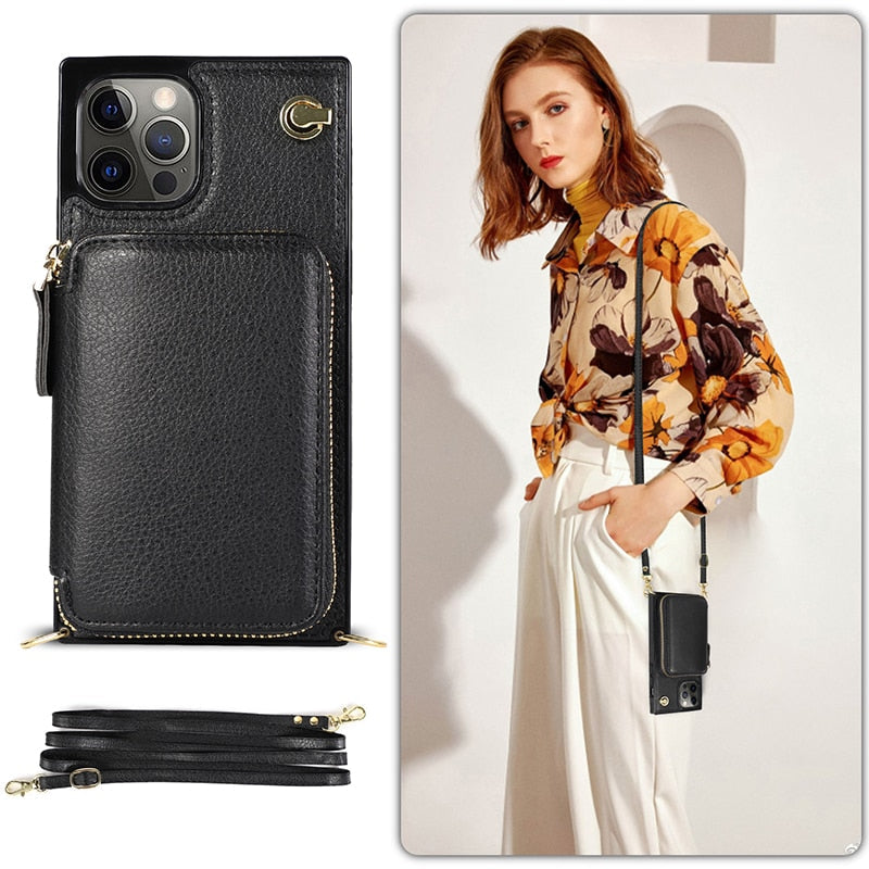 Funda tipo cartera con cremallera y correa cruzada ajustable para iPhone