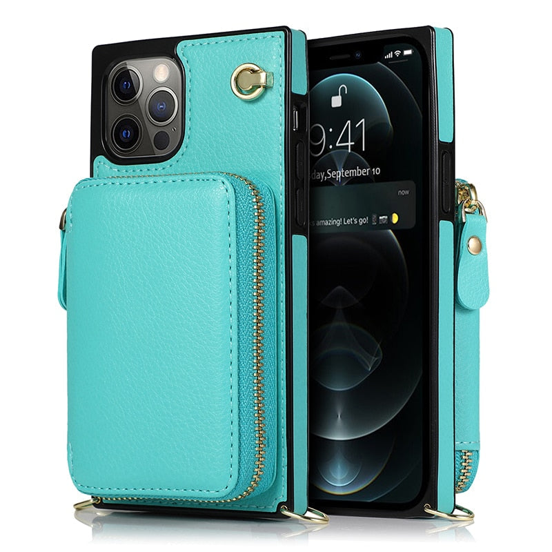 Funda tipo cartera con cremallera y correa cruzada ajustable para iPhone