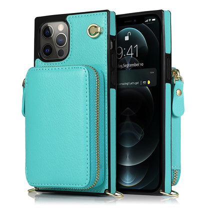 Funda tipo cartera con cremallera y correa cruzada ajustable para iPhone