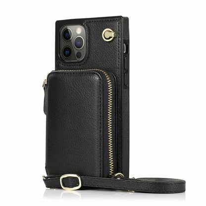 Funda tipo cartera con cremallera y correa cruzada ajustable para iPhone