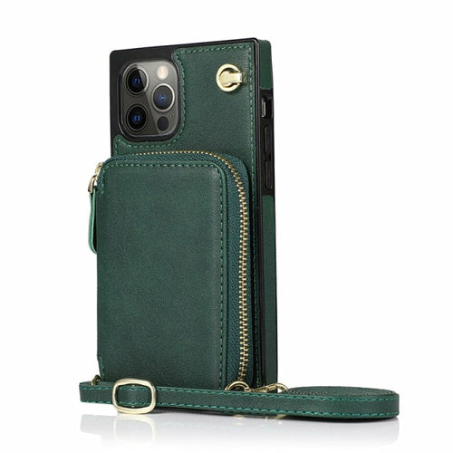 Funda tipo cartera con cremallera y correa cruzada ajustable para iPhone