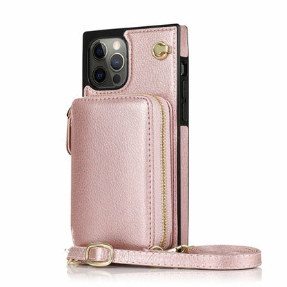 Funda tipo cartera con cremallera y correa cruzada ajustable para iPhone